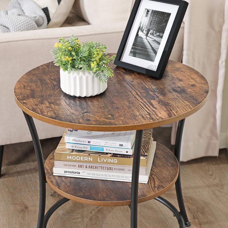 Casa si Gradina - Mobilier - Mese si birouri - Masute de cafea - Masuta laterala rotunda, tip noptiera, cu 2 rafturi, cadru de otel, 55x55cm, maro rustic - Infinity.ro