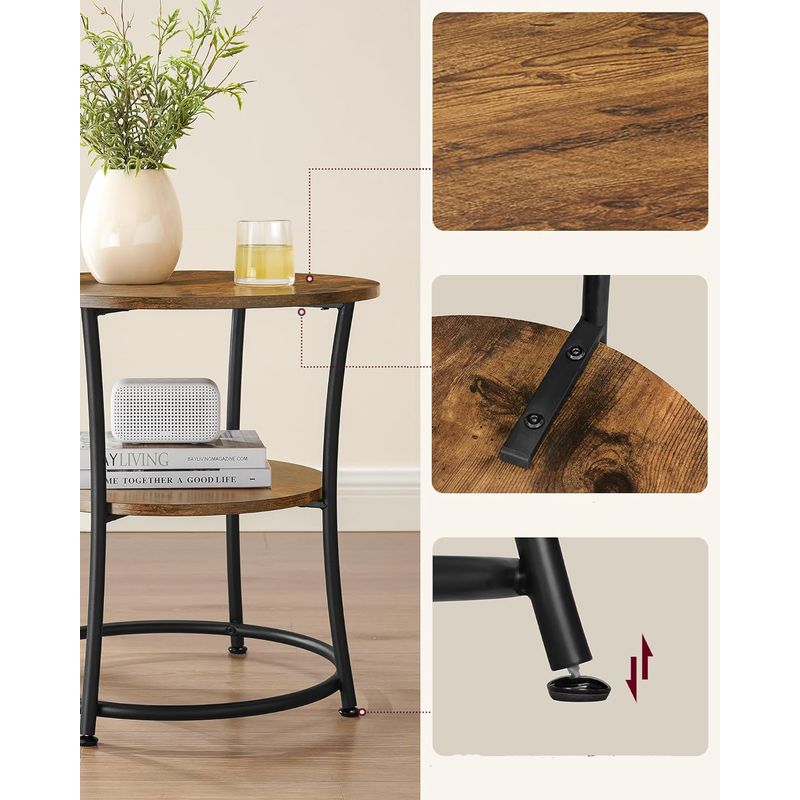 Casa si Gradina - Mobilier - Mese si birouri - Masute de cafea - Masuta laterala rotunda, tip noptiera, cu 2 rafturi, cadru de otel, 55x55cm, maro rustic - Infinity.ro