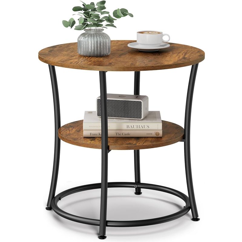 Casa si Gradina - Mobilier - Mese si birouri - Masute de cafea - Masuta laterala rotunda, tip noptiera, cu 2 rafturi, cadru de otel, 55x55cm, maro rustic - Infinity.ro