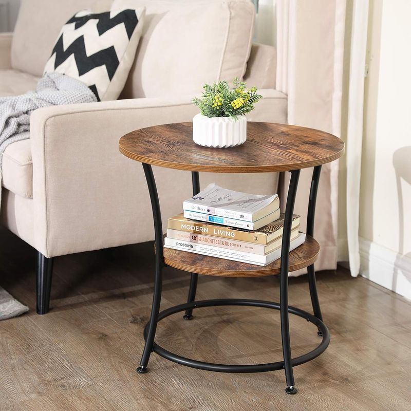 Casa si Gradina - Mobilier - Mese si birouri - Masute de cafea - Masuta laterala rotunda, tip noptiera, cu 2 rafturi, cadru de otel, 55x55cm, maro rustic - Infinity.ro