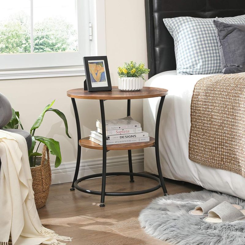 Casa si Gradina - Mobilier - Mese si birouri - Masute de cafea - Masuta laterala rotunda, tip noptiera, cu 2 rafturi, cadru de otel, 55x55cm, maro rustic - Infinity.ro