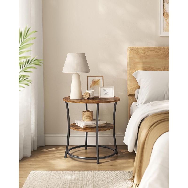 Casa si Gradina - Mobilier - Mese si birouri - Masute de cafea - Masuta laterala rotunda, tip noptiera, cu 2 rafturi, cadru de otel, 55x55cm, maro rustic - Infinity.ro