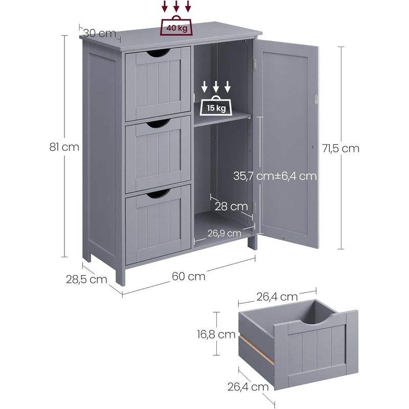 Casa si Gradina - Mobilier - Mobilier baie - Corpuri baie - Dulap de baie, din MDF, cu 3 sertare, raft reglabil, 30x60x81cm, gri - Infinity.ro