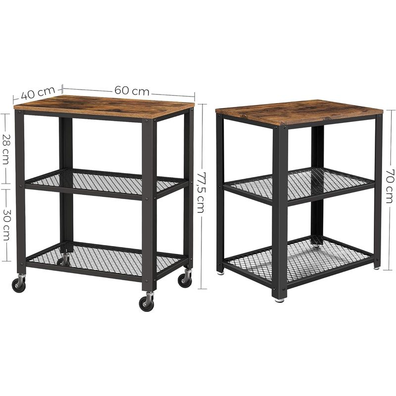 Casa si Gradina - Mobilier - Comode si corpuri - Corpuri bucatarie - Carucior de servire pe roti, cu polite, pentru bucatarie, 40x60x77cm, industrial, maro rustic - Infinity.ro
