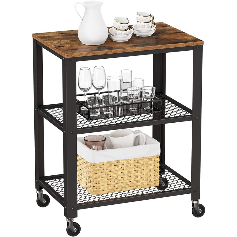 Casa si Gradina - Mobilier - Comode si corpuri - Corpuri bucatarie - Carucior de servire pe roti, cu polite, pentru bucatarie, 40x60x77cm, industrial, maro rustic - Infinity.ro