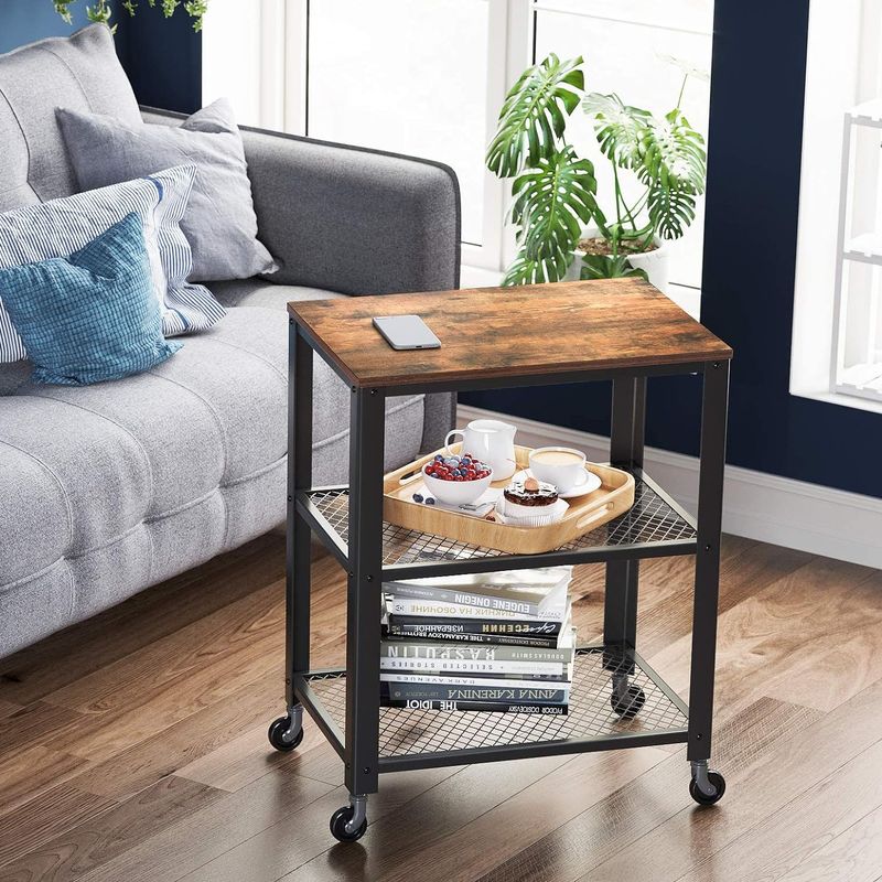 Casa si Gradina - Mobilier - Comode si corpuri - Corpuri bucatarie - Carucior de servire pe roti, cu polite, pentru bucatarie, 40x60x77cm, industrial, maro rustic - Infinity.ro