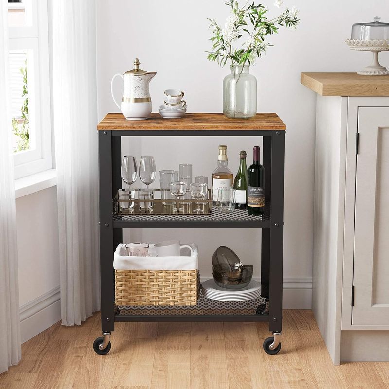 Casa si Gradina - Mobilier - Comode si corpuri - Corpuri bucatarie - Carucior de servire pe roti, cu polite, pentru bucatarie, 40x60x77cm, industrial, maro rustic - Infinity.ro