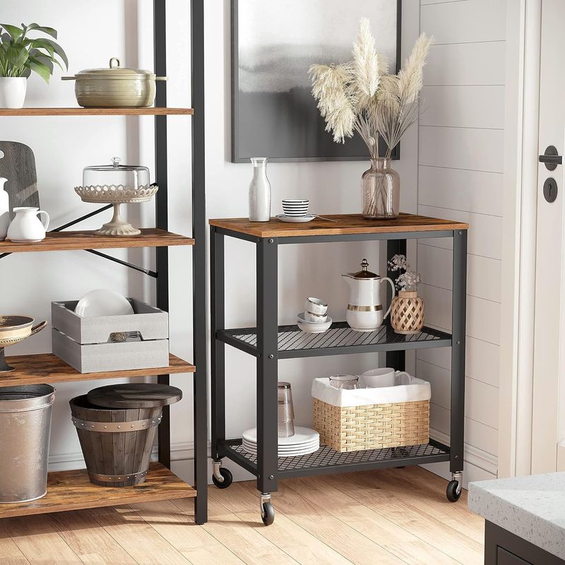 Casa si Gradina - Mobilier - Comode si corpuri - Corpuri bucatarie - Carucior de servire pe roti, cu polite, pentru bucatarie, 40x60x77cm, industrial, maro rustic - Infinity.ro