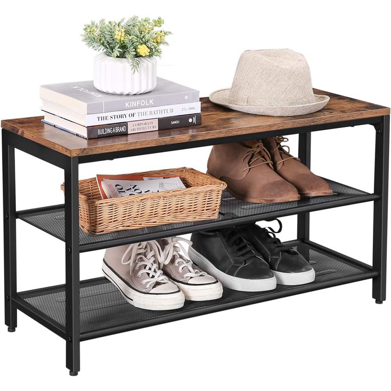 Casa si Gradina - Mobilier - Dulapuri si sifoniere - Dulapuri pantofi - Raft pentru pantofi, cu 2 nivele, metal, 80x30x44cm, stil industrial, maro rustic si negru - Infinity.ro