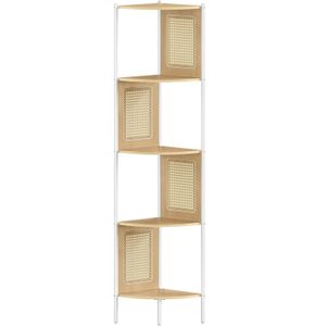 Raft de colt boho, cadru metalic, polite MDF si panouri poliratan, 32x32x156cm, bej