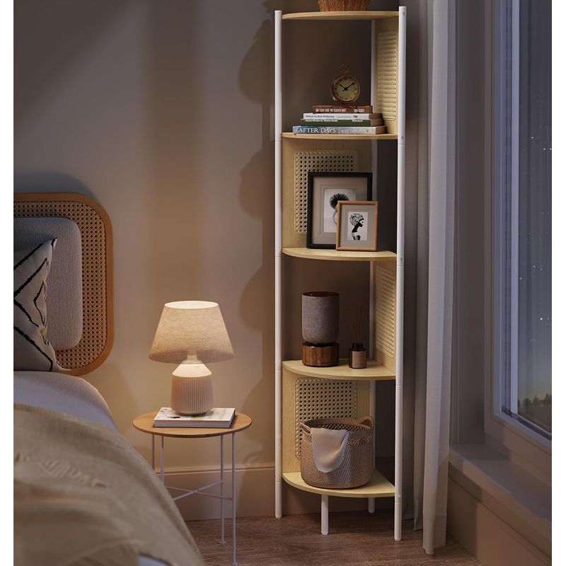 Casa si Gradina - Mobilier - Biblioteci si rafturi - Biblioteci - Raft de colt boho, cadru metalic, polite MDF si panouri poliratan, 32x32x156cm, bej - Infinity.ro