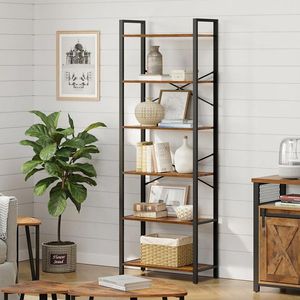Biblioteca cu cadru otel si 6 polite, stil industrial, 66x30x186cm, maro rustic si negru