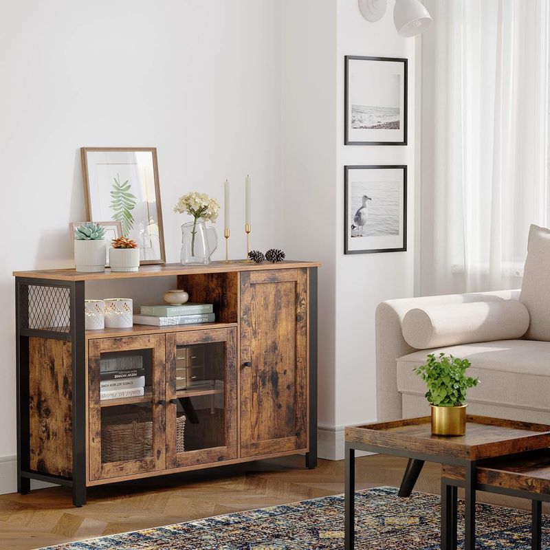 Casa si Gradina - Mobilier - Comode si corpuri - Comode - Dulap de depozitare tip bufet, cu 3 usi, stil industrial, 110x33x75cm, maro rustic si negru - Infinity.ro