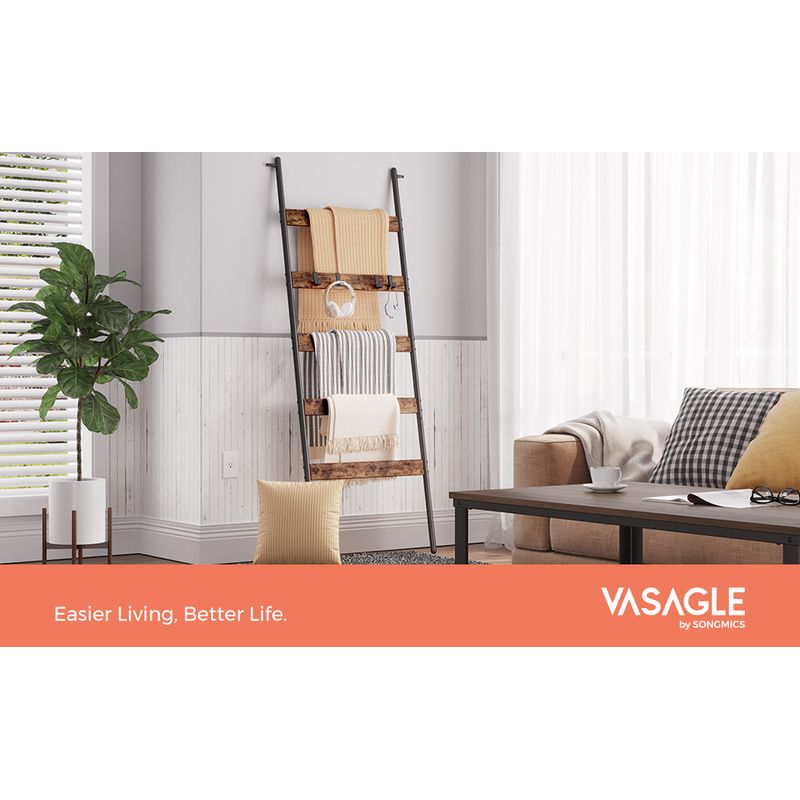 Casa si Gradina - Sanitare - Suporturi si accesorii baie - Suporturi baie - Cuier baie tip scara inclinata, cadru din otel cu 5 nivele, agatatori detasabile, 65x178cm, maro rustic si negru - Infinity.ro