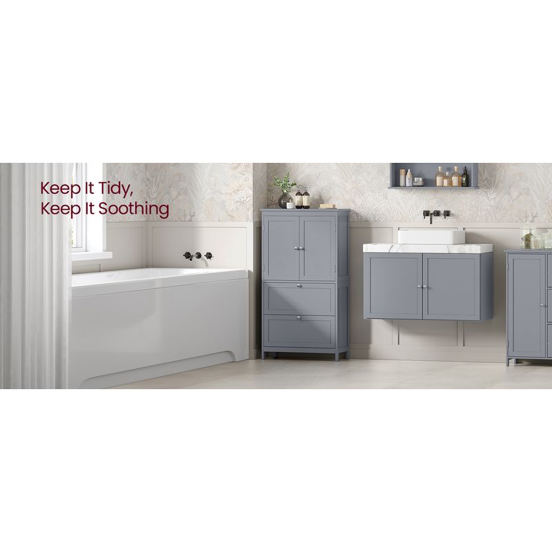 Casa si Gradina - Mobilier - Mobilier baie - Corpuri baie - Dulap de baie, din MDF, cu 2 sertare si 2 usi, raft reglabil, 30x60x110cm, gri - Infinity.ro