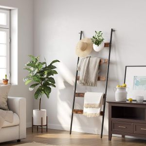 Cuier baie tip scara inclinata, cadru din otel cu 5 nivele, agatatori detasabile, 65x178cm, maro rustic si negru