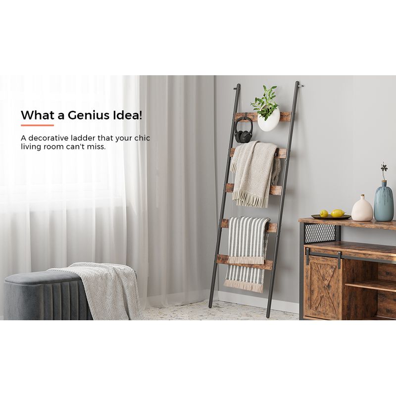 Casa si Gradina - Sanitare - Suporturi si accesorii baie - Suporturi baie - Cuier baie tip scara inclinata, cadru din otel cu 5 nivele, agatatori detasabile, 65x178cm, maro rustic si negru - Infinity.ro