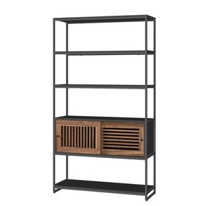 Biblioteca cu 5 rafturi si dulap, rama metalica si finisaj MDF nuc, 100x35x180 cm, negru