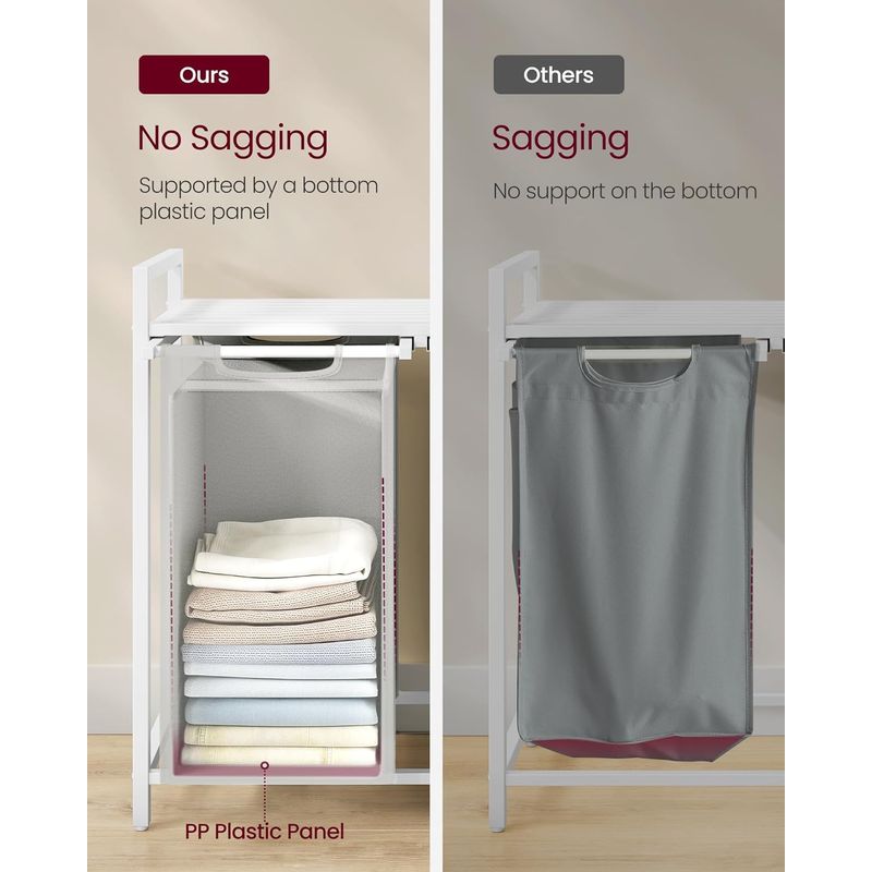 Market - Spalare si intretinere rufe - Uscatoare de rufe si accesorii - Cos de rufe, 2 compartimente, saci de rufe detasabili, raft, cadru metalic, 2x46L, 73x33x72 cm, alb si gri deschis - Infinity.ro