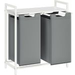 Market - Spalare si intretinere rufe - Uscatoare de rufe si accesorii - Cos de rufe, 2 compartimente, saci de rufe detasabili, raft, cadru metalic, 2x46L, 73x33x72 cm, alb si gri deschis - Infinity.ro