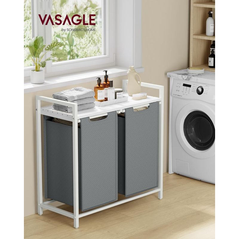 Market - Spalare si intretinere rufe - Uscatoare de rufe si accesorii - Cos de rufe, 2 compartimente, saci de rufe detasabili, raft, cadru metalic, 2x46L, 73x33x72 cm, alb si gri deschis - Infinity.ro