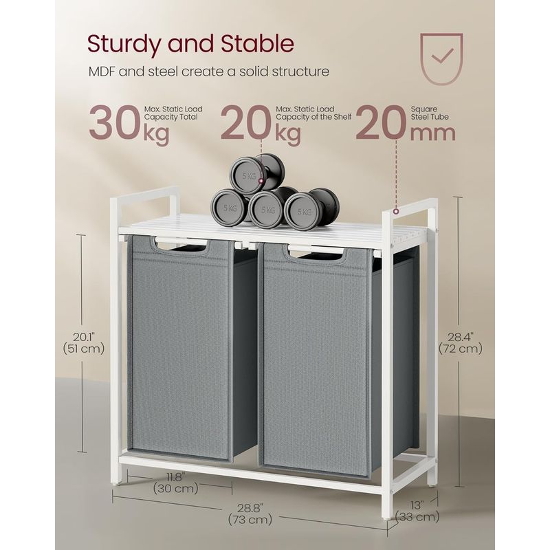 Market - Spalare si intretinere rufe - Uscatoare de rufe si accesorii - Cos de rufe, 2 compartimente, saci de rufe detasabili, raft, cadru metalic, 2x46L, 73x33x72 cm, alb si gri deschis - Infinity.ro
