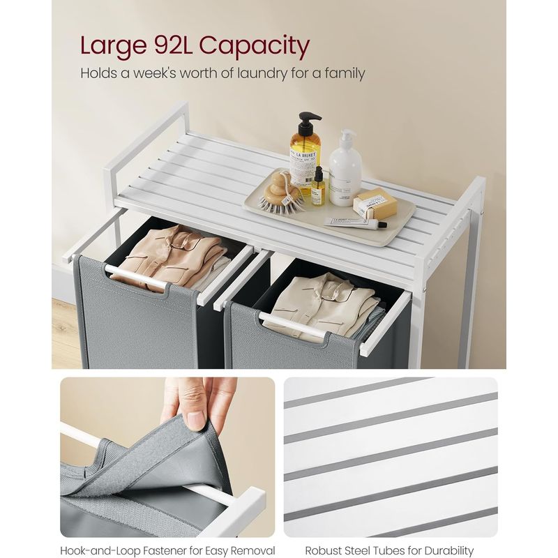 Market - Spalare si intretinere rufe - Uscatoare de rufe si accesorii - Cos de rufe, 2 compartimente, saci de rufe detasabili, raft, cadru metalic, 2x46L, 73x33x72 cm, alb si gri deschis - Infinity.ro