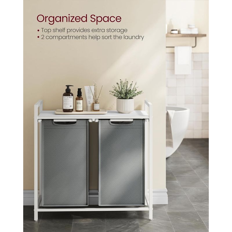 Market - Spalare si intretinere rufe - Uscatoare de rufe si accesorii - Cos de rufe, 2 compartimente, saci de rufe detasabili, raft, cadru metalic, 2x46L, 73x33x72 cm, alb si gri deschis - Infinity.ro