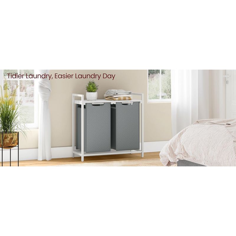 Market - Spalare si intretinere rufe - Uscatoare de rufe si accesorii - Cos de rufe, 2 compartimente, saci de rufe detasabili, raft, cadru metalic, 2x46L, 73x33x72 cm, alb si gri deschis - Infinity.ro