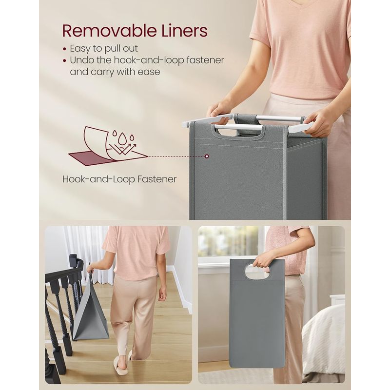 Market - Spalare si intretinere rufe - Uscatoare de rufe si accesorii - Cos de rufe, 2 compartimente, saci de rufe detasabili, raft, cadru metalic, 2x46L, 73x33x72 cm, alb si gri deschis - Infinity.ro