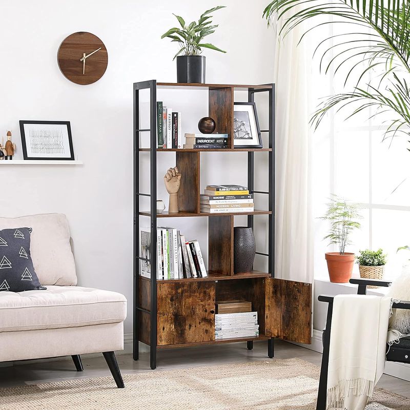 Casa si Gradina - Mobilier - Biblioteci si rafturi - Biblioteci - Biblioteca cu 4 rafturi si dulap inferior cu 2 usi, stil industrial, 74x30x155cm, maro rustic - Infinity.ro