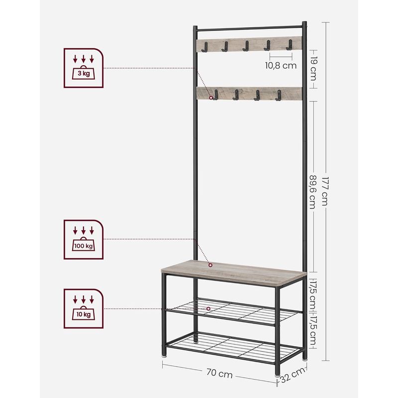 Casa si Gradina - Mobilier - Organizare si depozitare - Cuiere - Cuier multifunctional 70x32x175 cm, cu 9 carlige, banca si 2 rafturi pantofi, PAL si otel, gri si negru - Infinity.ro