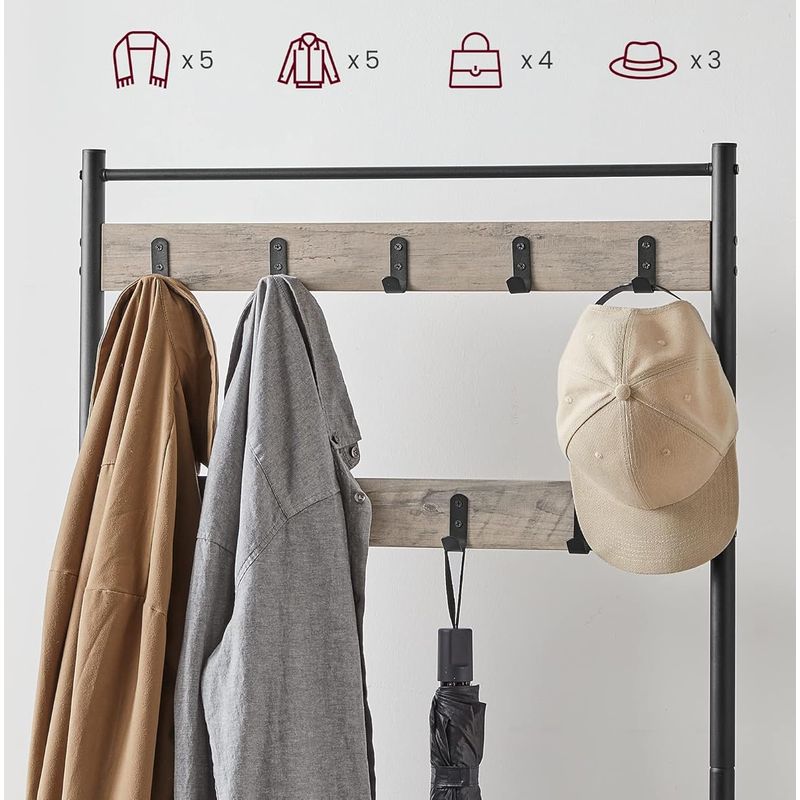 Casa si Gradina - Mobilier - Organizare si depozitare - Cuiere - Cuier multifunctional 70x32x175 cm, cu 9 carlige, banca si 2 rafturi pantofi, PAL si otel, gri si negru - Infinity.ro