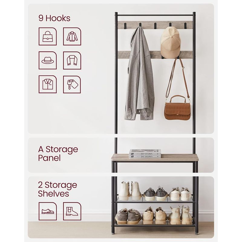Casa si Gradina - Mobilier - Organizare si depozitare - Cuiere - Cuier multifunctional 70x32x175 cm, cu 9 carlige, banca si 2 rafturi pantofi, PAL si otel, gri si negru - Infinity.ro