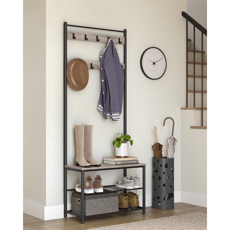 Casa si Gradina - Mobilier - Organizare si depozitare - Cuiere - Cuier multifunctional 70x32x175 cm, cu 9 carlige, banca si 2 rafturi pantofi, PAL si otel, gri si negru - Infinity.ro