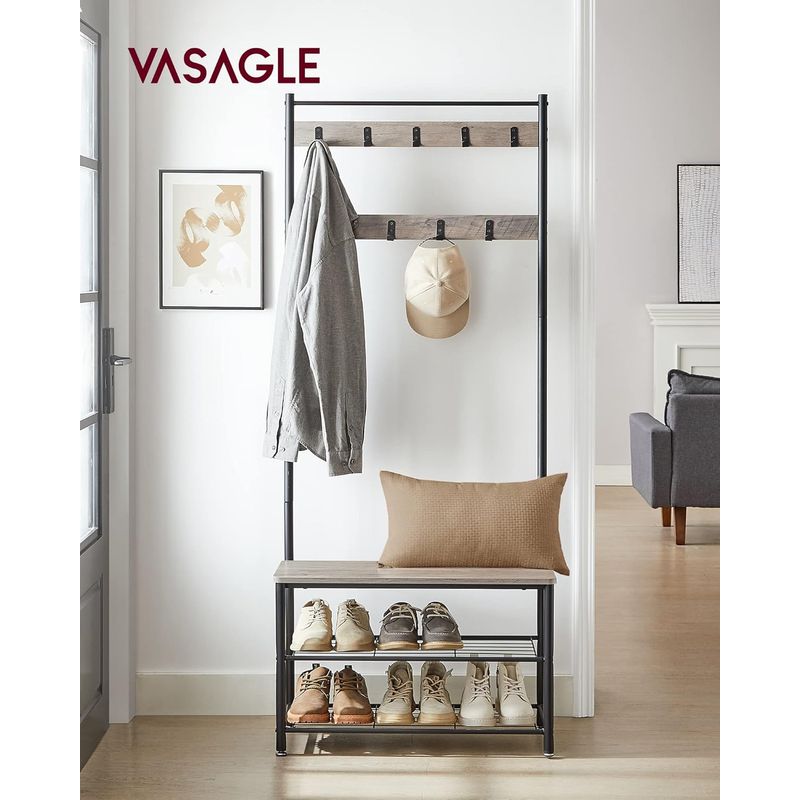 Casa si Gradina - Mobilier - Organizare si depozitare - Cuiere - Cuier multifunctional 70x32x175 cm, cu 9 carlige, banca si 2 rafturi pantofi, PAL si otel, gri si negru - Infinity.ro