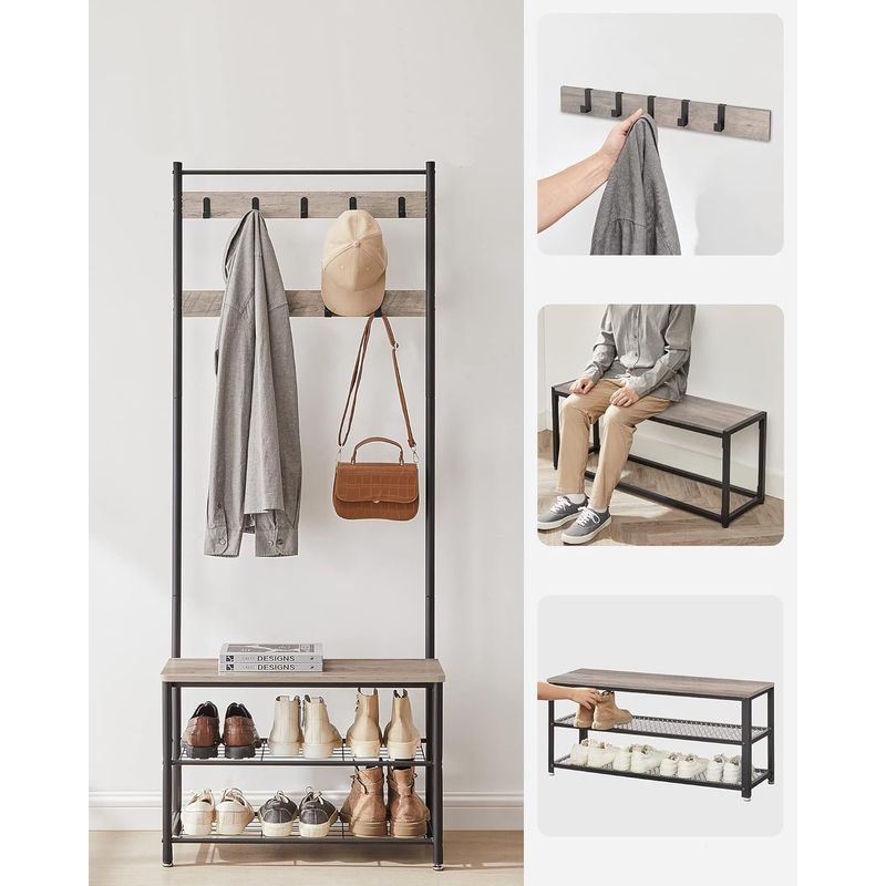 Casa si Gradina - Mobilier - Organizare si depozitare - Cuiere - Cuier multifunctional 70x32x175 cm, cu 9 carlige, banca si 2 rafturi pantofi, PAL si otel, gri si negru - Infinity.ro