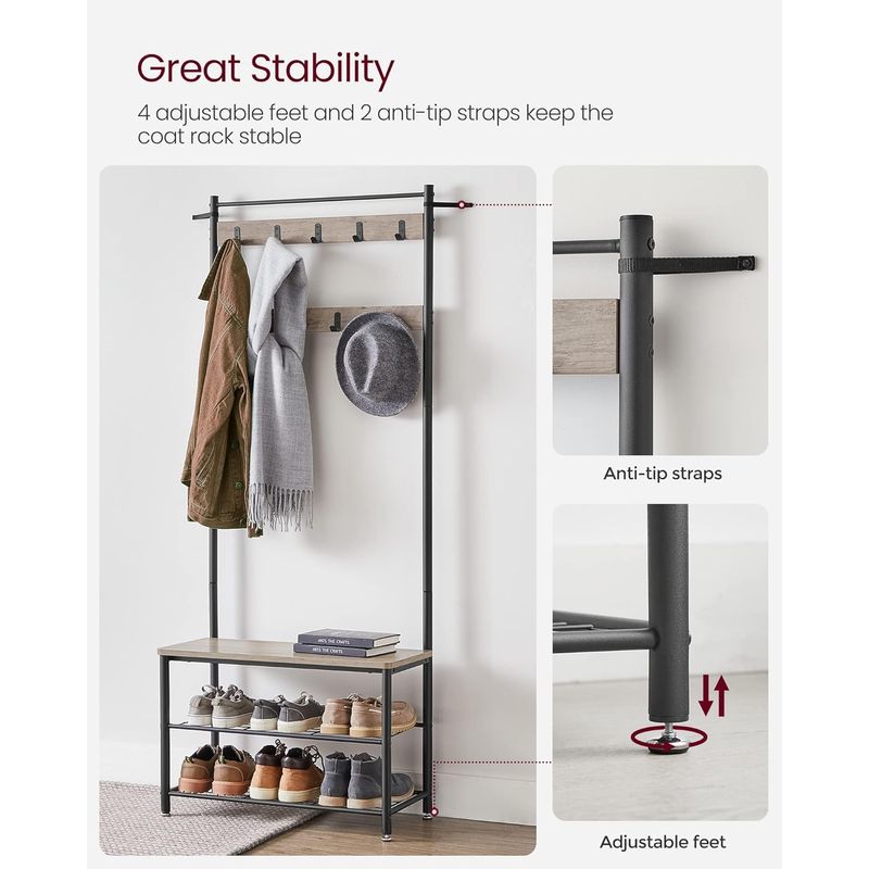 Casa si Gradina - Mobilier - Organizare si depozitare - Cuiere - Cuier multifunctional 70x32x175 cm, cu 9 carlige, banca si 2 rafturi pantofi, PAL si otel, gri si negru - Infinity.ro