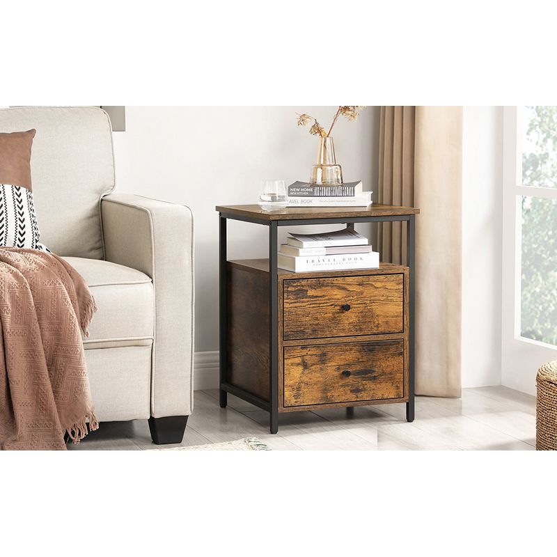 Casa si Gradina - Mobilier - Comode si corpuri - Noptiere - Noptiera cu compartiment deschis, 2 sertare, stil industrial, 45x45x60cm, maro rustic si negru - Infinity.ro