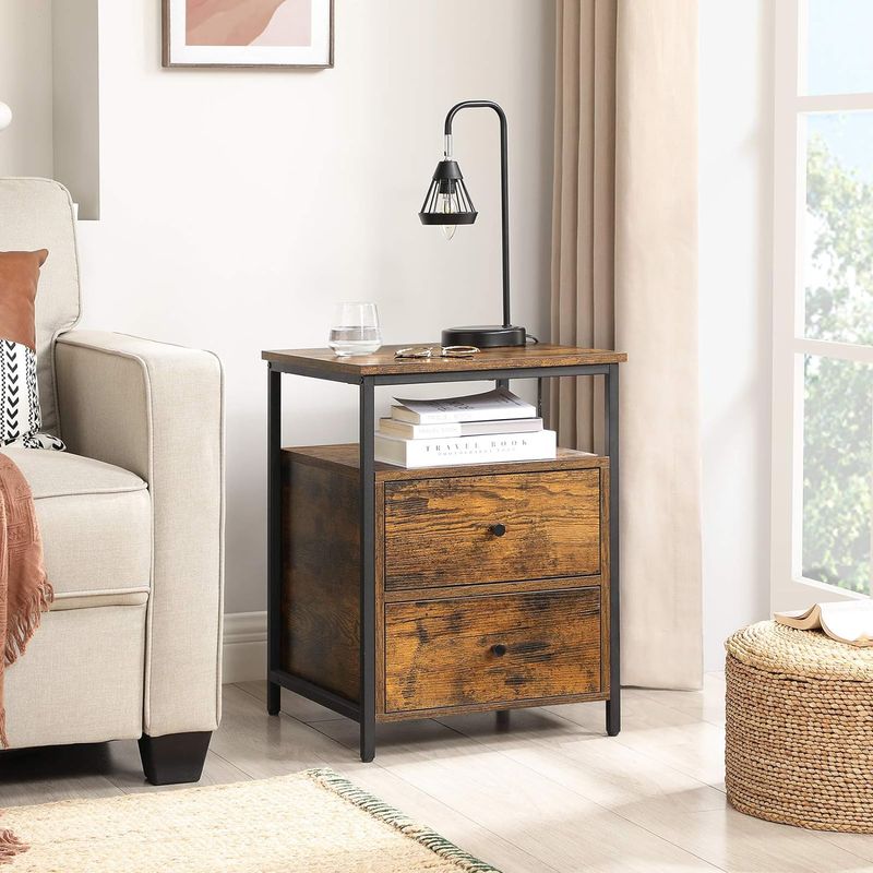 Casa si Gradina - Mobilier - Comode si corpuri - Noptiere - Noptiera cu compartiment deschis, 2 sertare, stil industrial, 45x45x60cm, maro rustic si negru - Infinity.ro