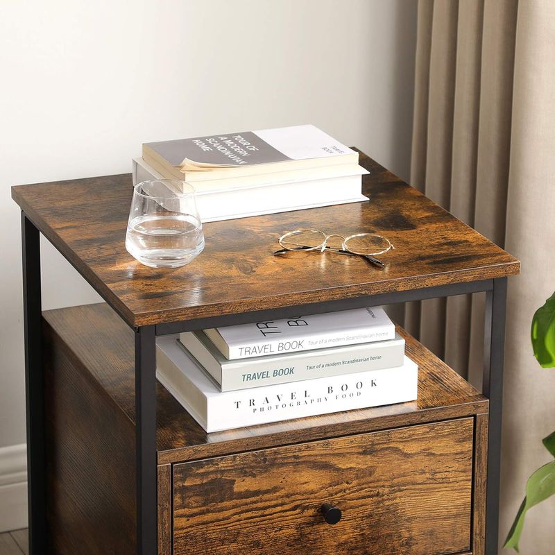 Casa si Gradina - Mobilier - Comode si corpuri - Noptiere - Noptiera cu compartiment deschis, 2 sertare, stil industrial, 45x45x60cm, maro rustic si negru - Infinity.ro