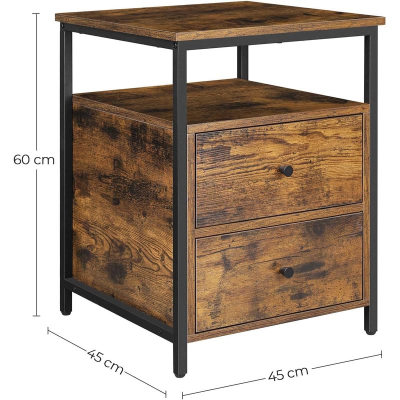 Casa si Gradina - Mobilier - Comode si corpuri - Noptiere - Noptiera cu compartiment deschis, 2 sertare, stil industrial, 45x45x60cm, maro rustic si negru - Infinity.ro
