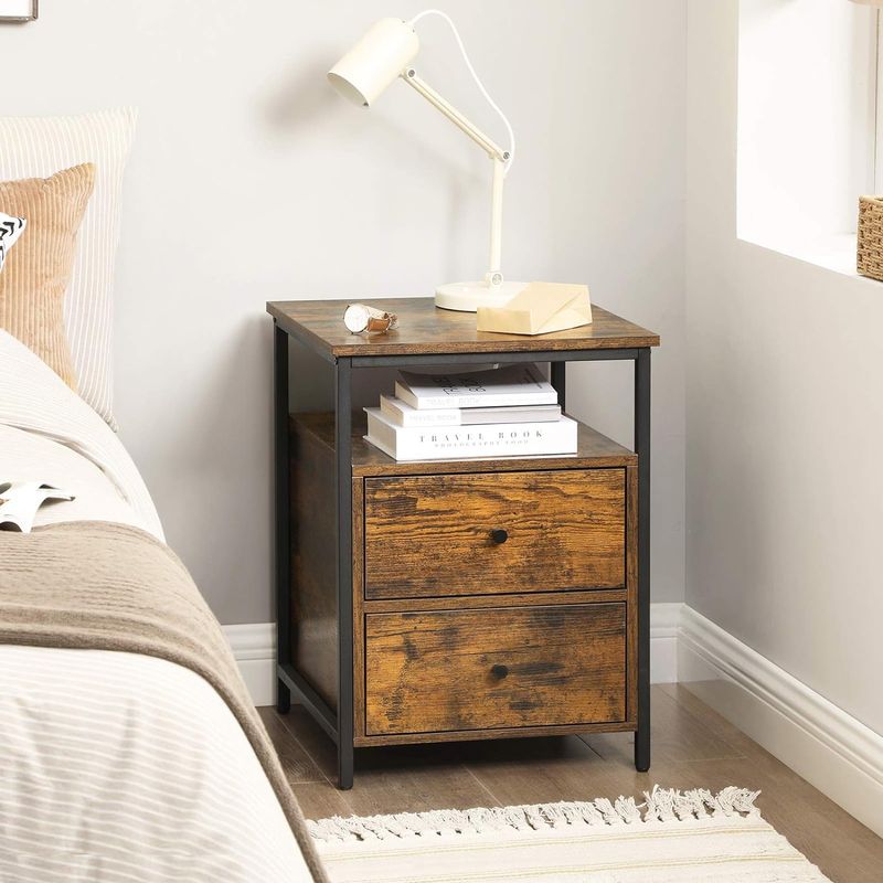 Casa si Gradina - Mobilier - Comode si corpuri - Noptiere - Noptiera cu compartiment deschis, 2 sertare, stil industrial, 45x45x60cm, maro rustic si negru - Infinity.ro
