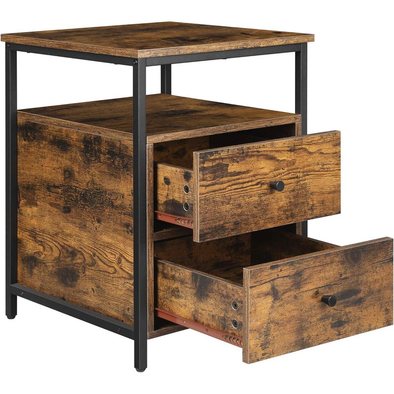 Casa si Gradina - Mobilier - Comode si corpuri - Noptiere - Noptiera cu compartiment deschis, 2 sertare, stil industrial, 45x45x60cm, maro rustic si negru - Infinity.ro