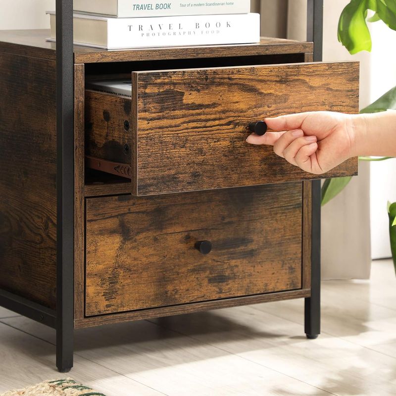Casa si Gradina - Mobilier - Comode si corpuri - Noptiere - Noptiera cu compartiment deschis, 2 sertare, stil industrial, 45x45x60cm, maro rustic si negru - Infinity.ro