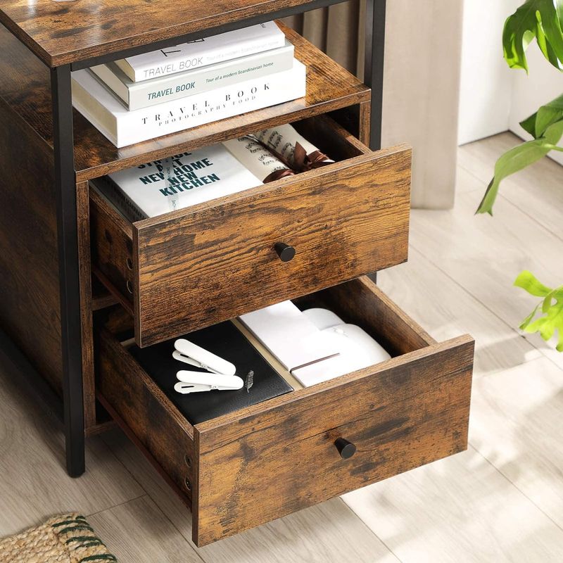 Casa si Gradina - Mobilier - Comode si corpuri - Noptiere - Noptiera cu compartiment deschis, 2 sertare, stil industrial, 45x45x60cm, maro rustic si negru - Infinity.ro