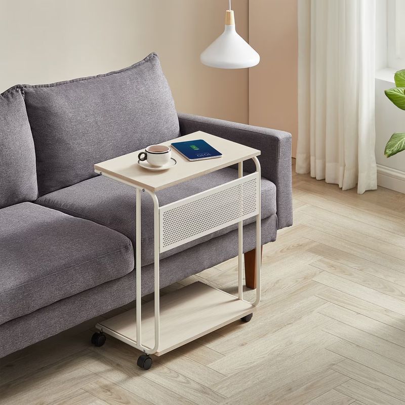Casa si Gradina - Mobilier - Mese si birouri - Masute de cafea - Masuta laterala laptop pe roti, 55x33x66 cm, stil industrial, crem - Infinity.ro