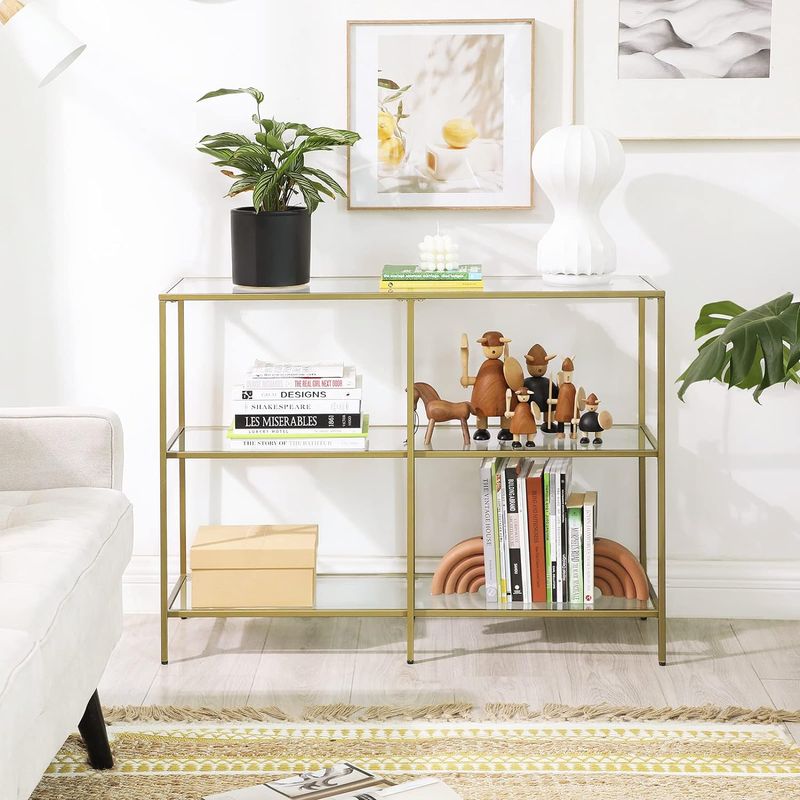 Casa si Gradina - Mobilier - Mese si birouri - Masute de cafea - Masa de intrare, pe 3 nivele, blat din sticla securizata, cadru metalic, 30x100x73cm, auriu - Infinity.ro