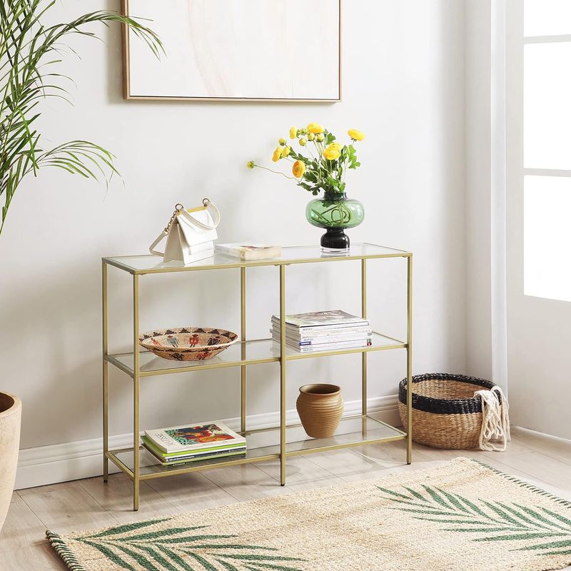 Casa si Gradina - Mobilier - Mese si birouri - Masute de cafea - Masa de intrare, pe 3 nivele, blat din sticla securizata, cadru metalic, 30x100x73cm, auriu - Infinity.ro