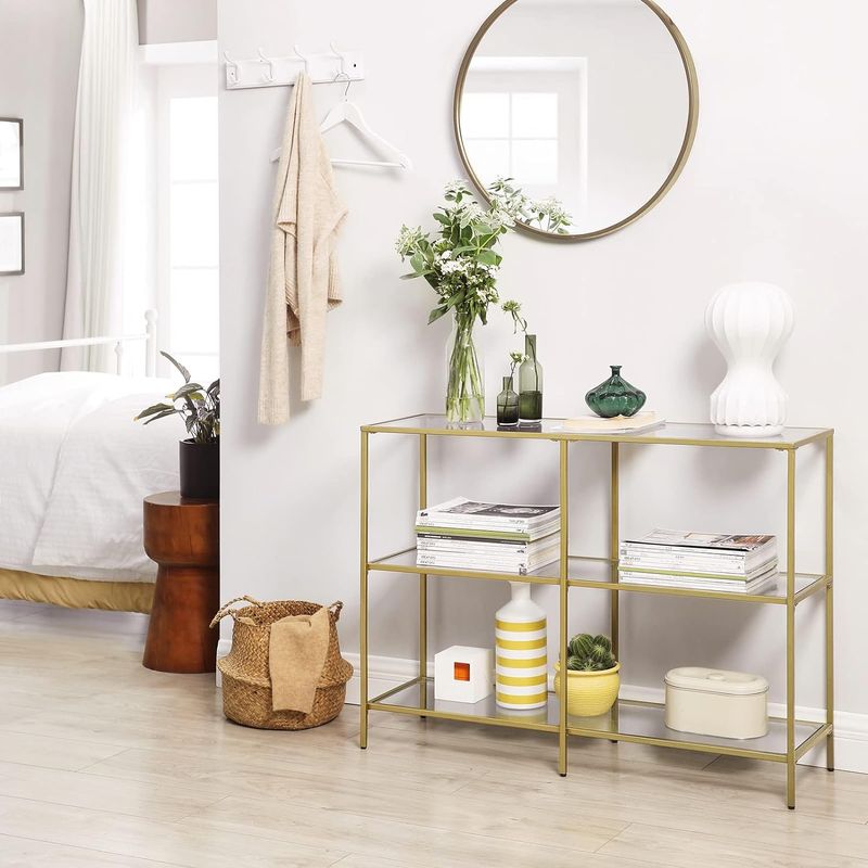 Casa si Gradina - Mobilier - Mese si birouri - Masute de cafea - Masa de intrare, pe 3 nivele, blat din sticla securizata, cadru metalic, 30x100x73cm, auriu - Infinity.ro
